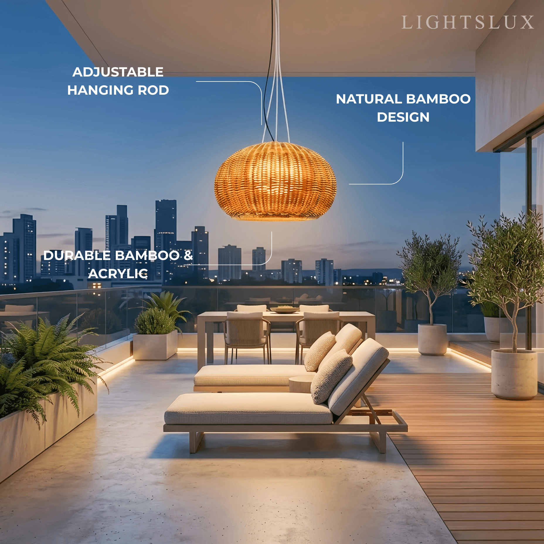 Rustic Brown Outdoor Pendant Light - Bamboo Acrylic Lantern Garden - Flindria