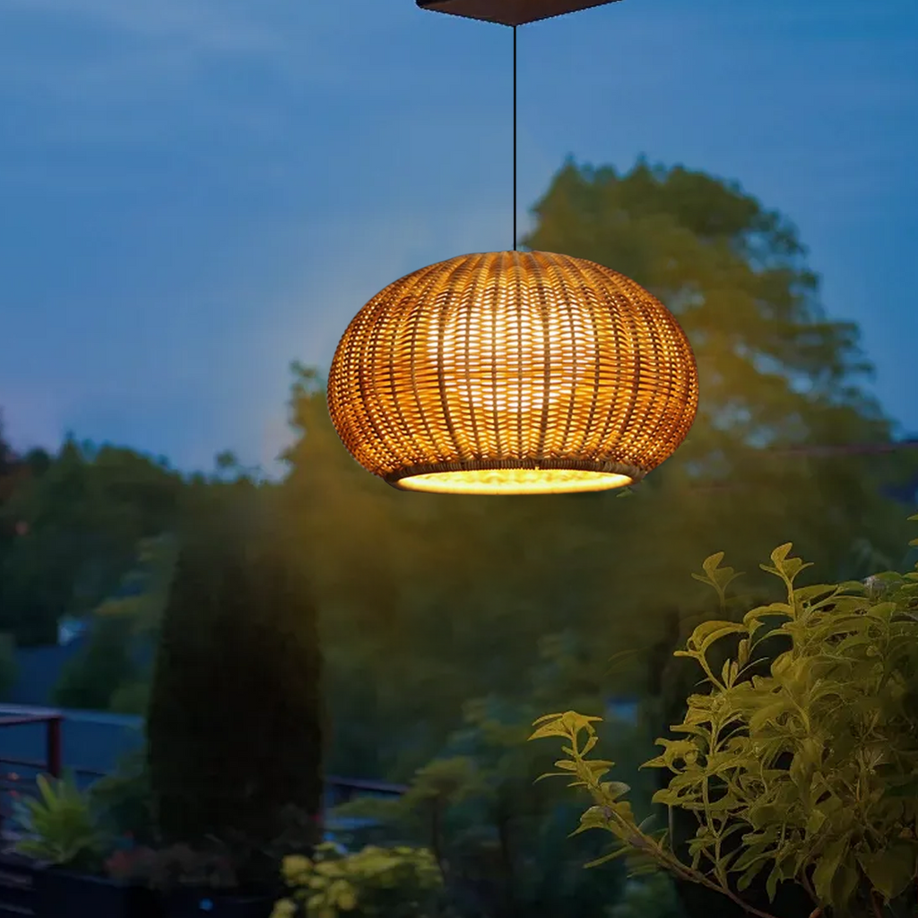 Rustic Brown Outdoor Pendant Light - Bamboo Acrylic Lantern Garden - Flindria