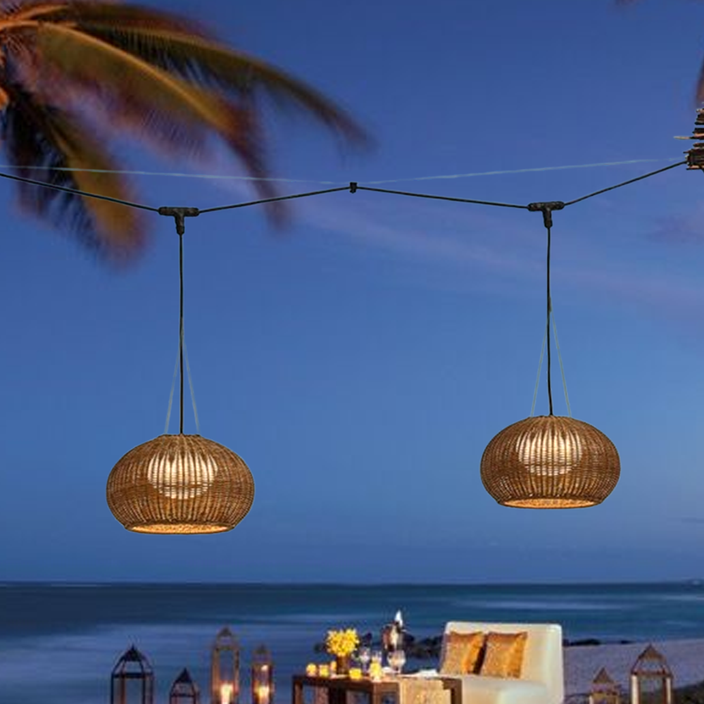 Rustic Brown Outdoor Pendant Light - Bamboo Acrylic Lantern Garden - Flindria