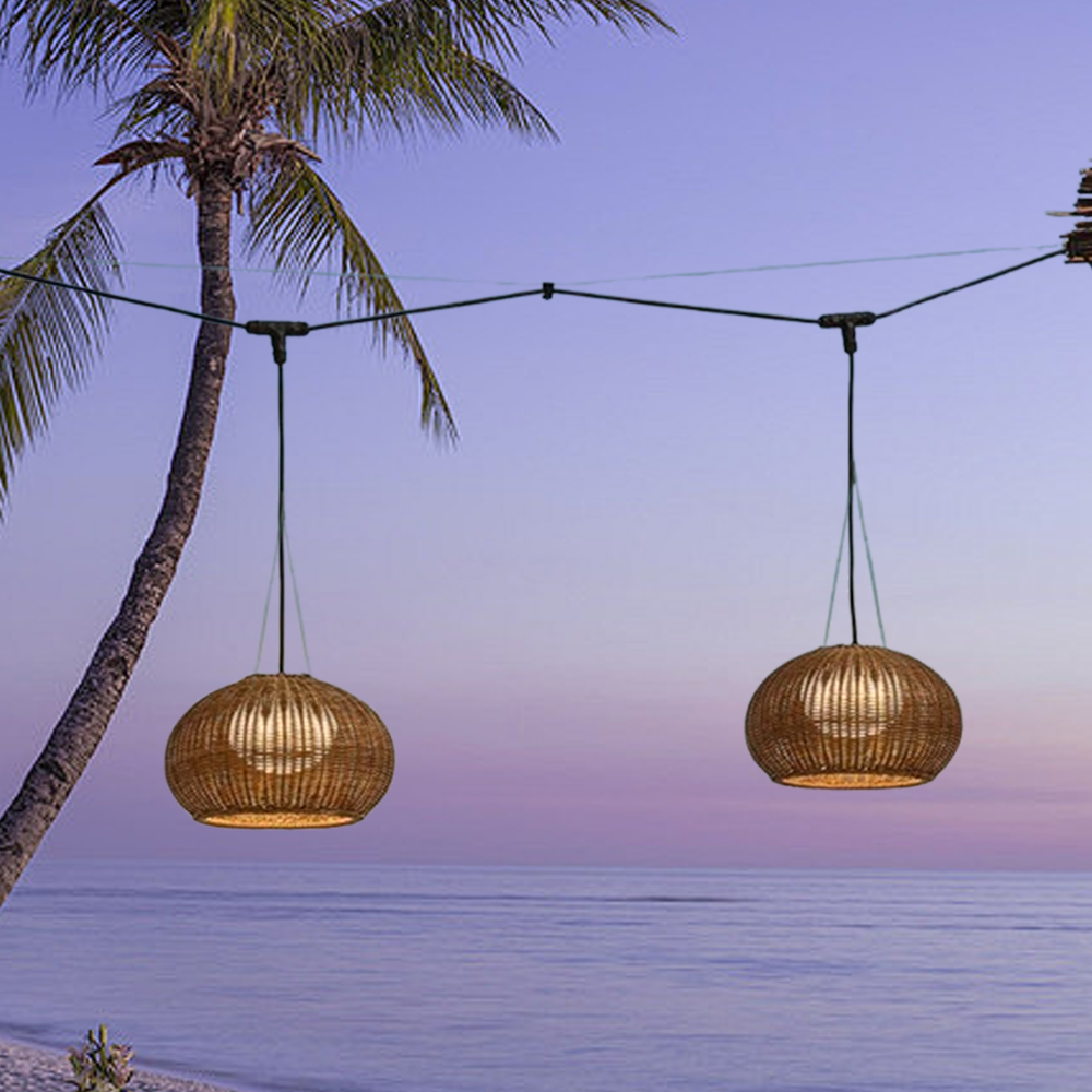 Rustic Brown Outdoor Pendant Light - Bamboo Acrylic Lantern Garden - Flindria