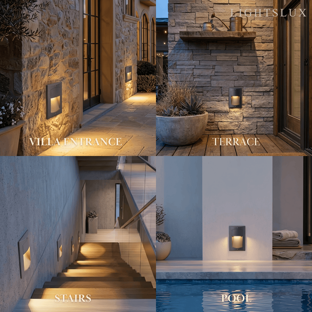 Luz de escalón para terraza exterior rectangular moderna - Metal negro/acrílico para patio - Flindria