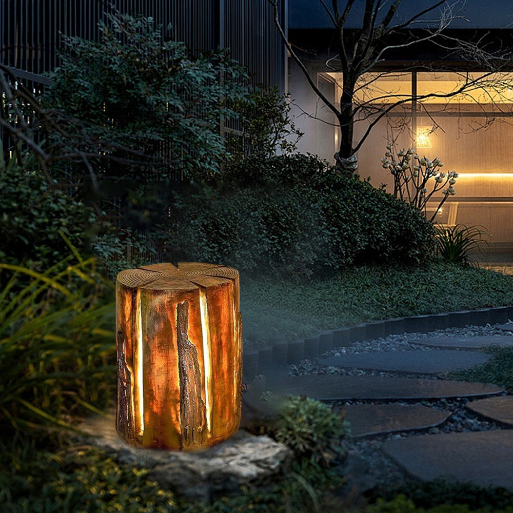 Botanica Art Deco Tree Stump Outdoor Lamp – Natural Wood-Look Resin for Courtyard/Garden - Flindria