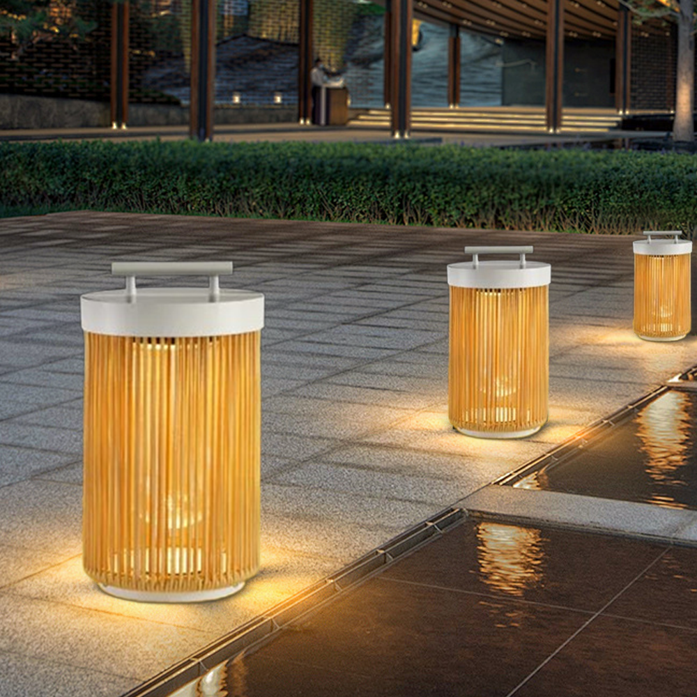 Farmhouse Cylindrical Floor Lamp – Metal Rattan for Outdoor Garden - Flindria