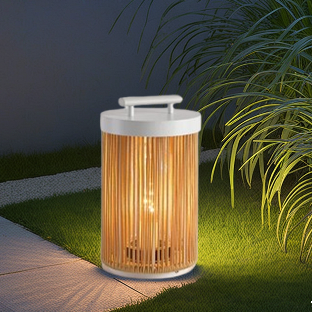 Farmhouse Cylindrical Floor Lamp – Metal Rattan for Outdoor Garden - Flindria