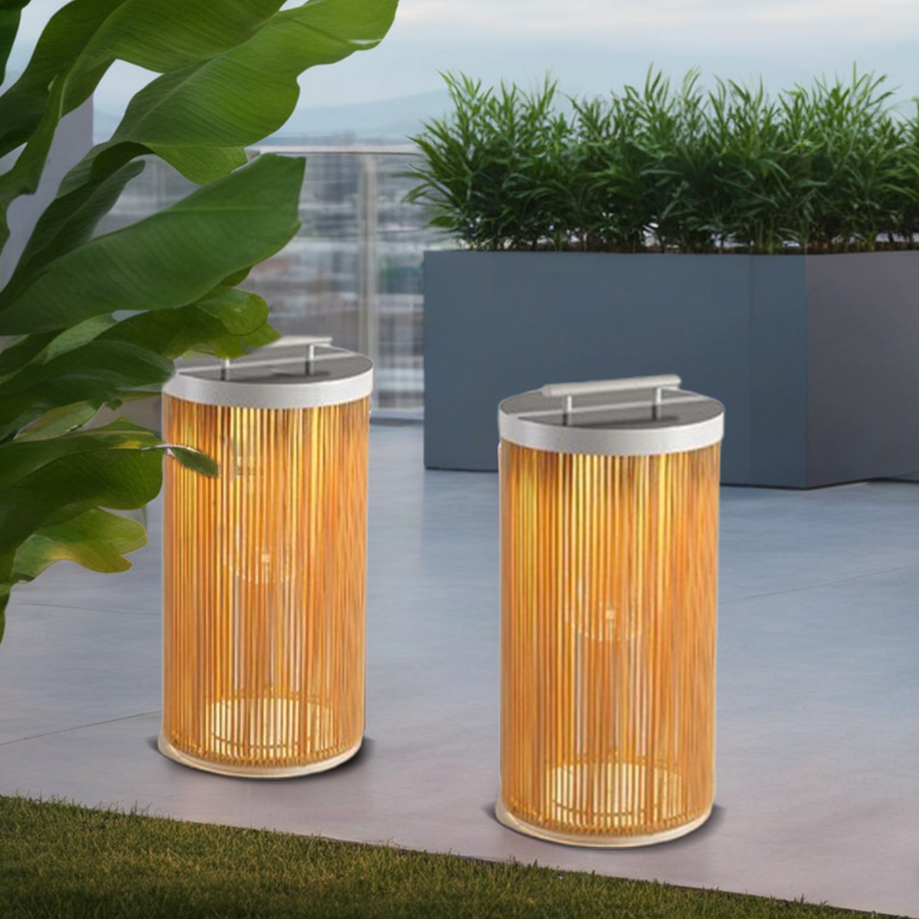 Farmhouse Cylindrical Floor Lamp – Metal Rattan for Outdoor Garden - Flindria