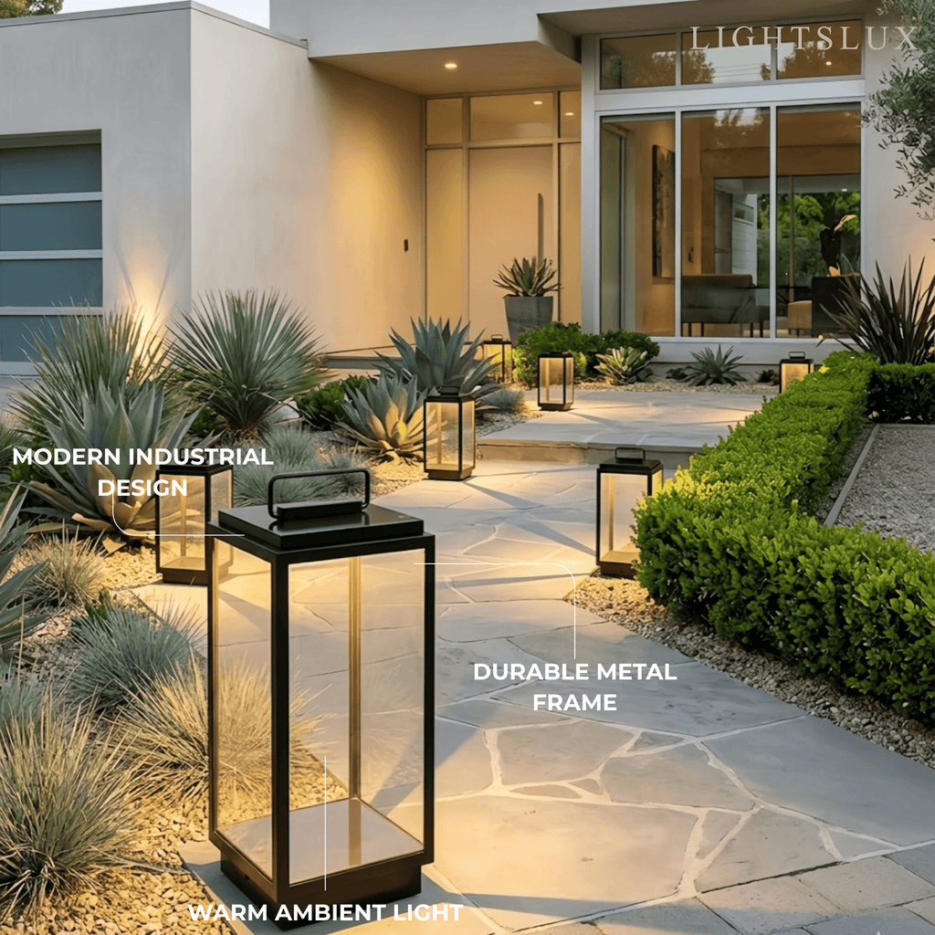 Lámpara de pie industrial para exterior - Diseño rectangular de metal negro y vidrio para jardín - Flindria