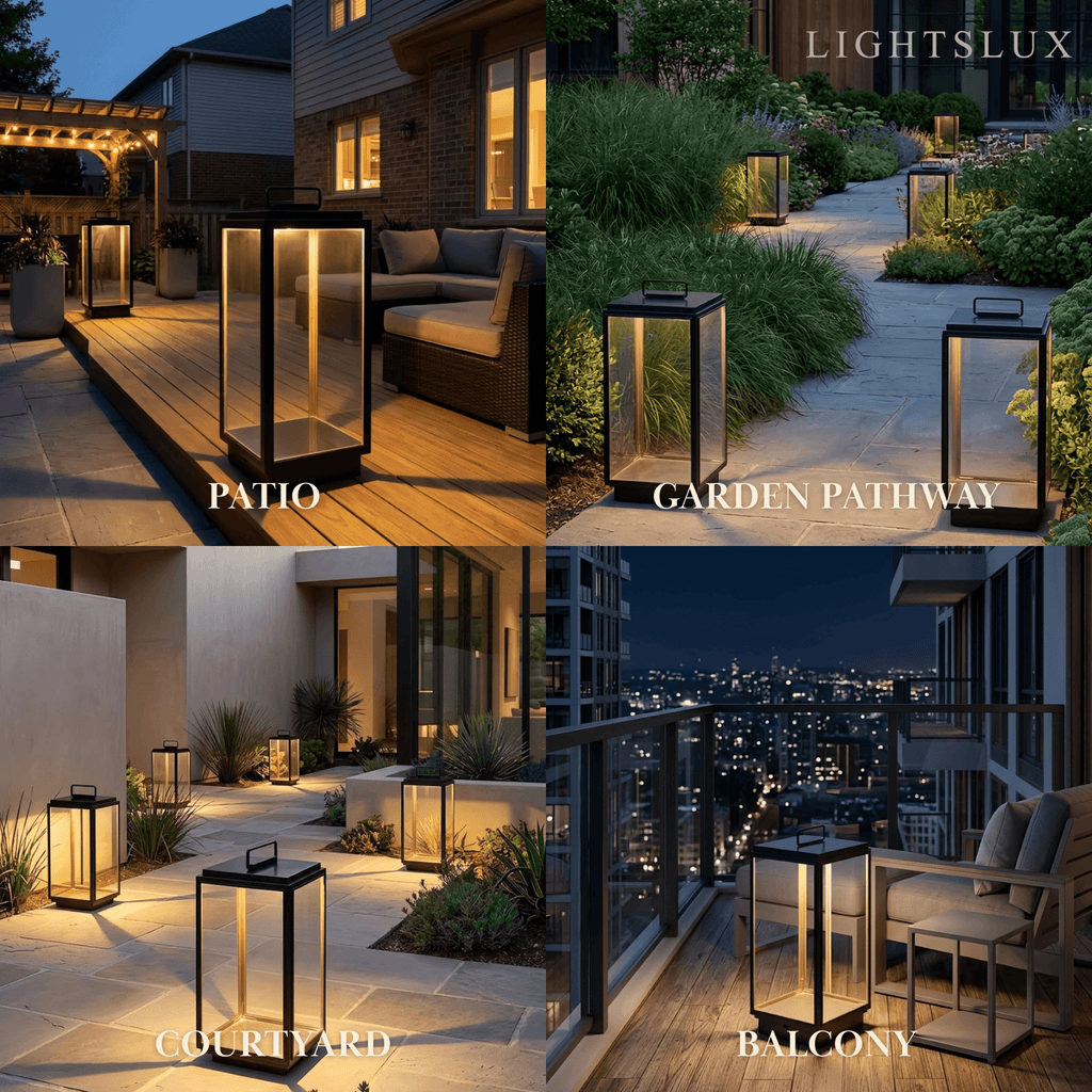 Lámpara de pie industrial para exterior - Diseño rectangular de metal negro y vidrio para jardín - Flindria
