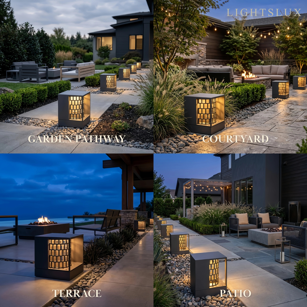 Art Deco Pillar Light - Dark Gray Square Metal & Acrylic Design for Garden - Flindria