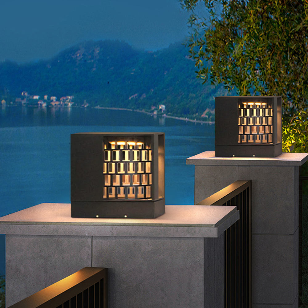 Art Deco Pillar Light - Dark Gray Square Metal & Acrylic Design for Garden - Flindria