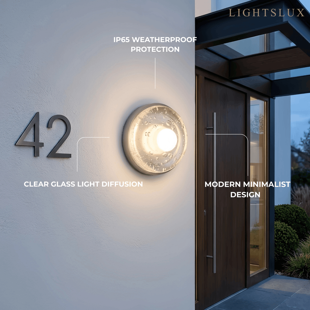 Modern Outdoor Wall Lamp - Clear Glass & Metal Round Design for Garden - Flindria