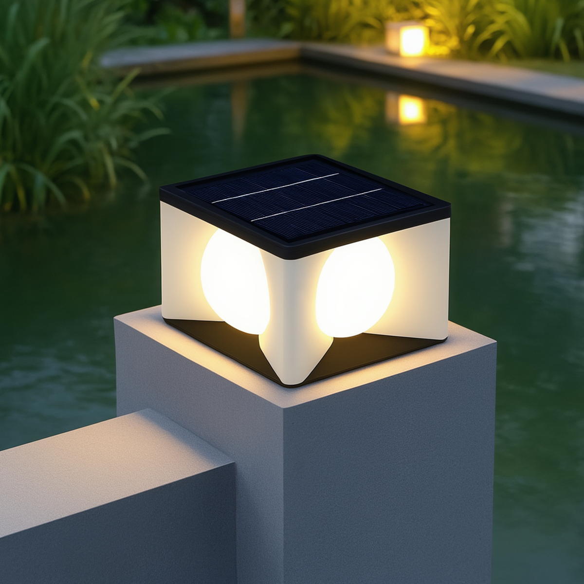Art Deco Solar Outdoor Pillar Light - Black Metal Square Moon for Courtyard/Garden - Flindria