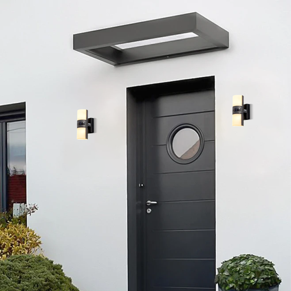 Modern Sensor Outdoor Wall Sconce - Black Metal & Acrylic Cylinder Garden - Flindria