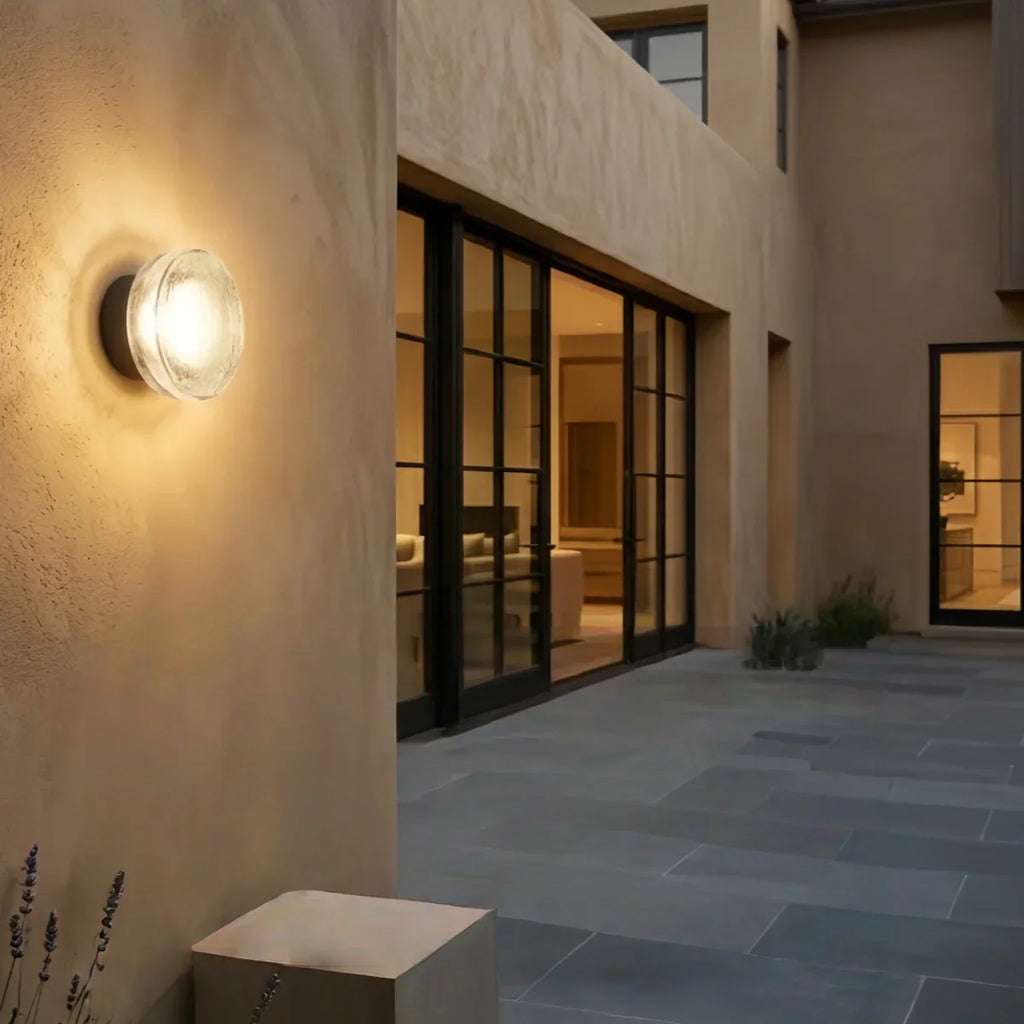 Modern Outdoor Wall Lamp - Clear Glass & Metal Round Design for Patio - Flindria