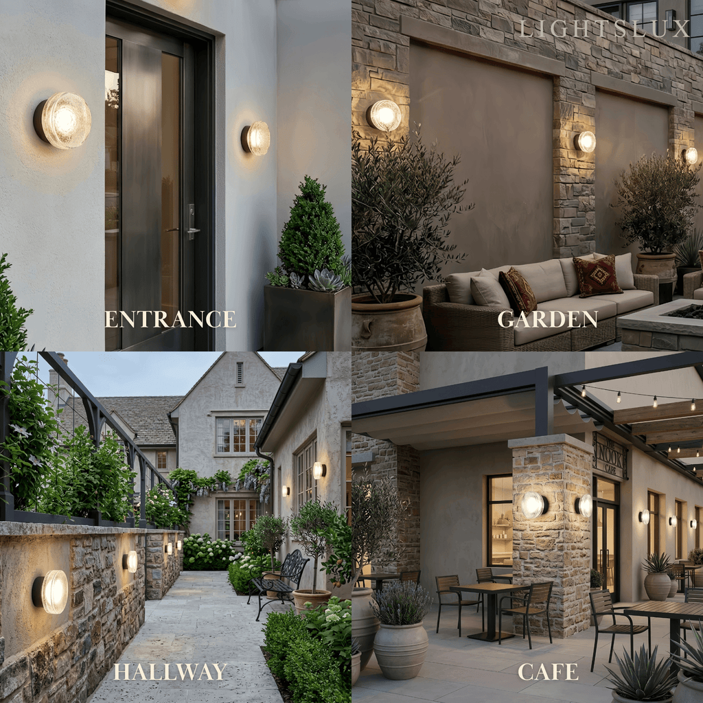Modern Outdoor Wall Lamp - Clear Glass & Metal Round Design for Patio - Flindria