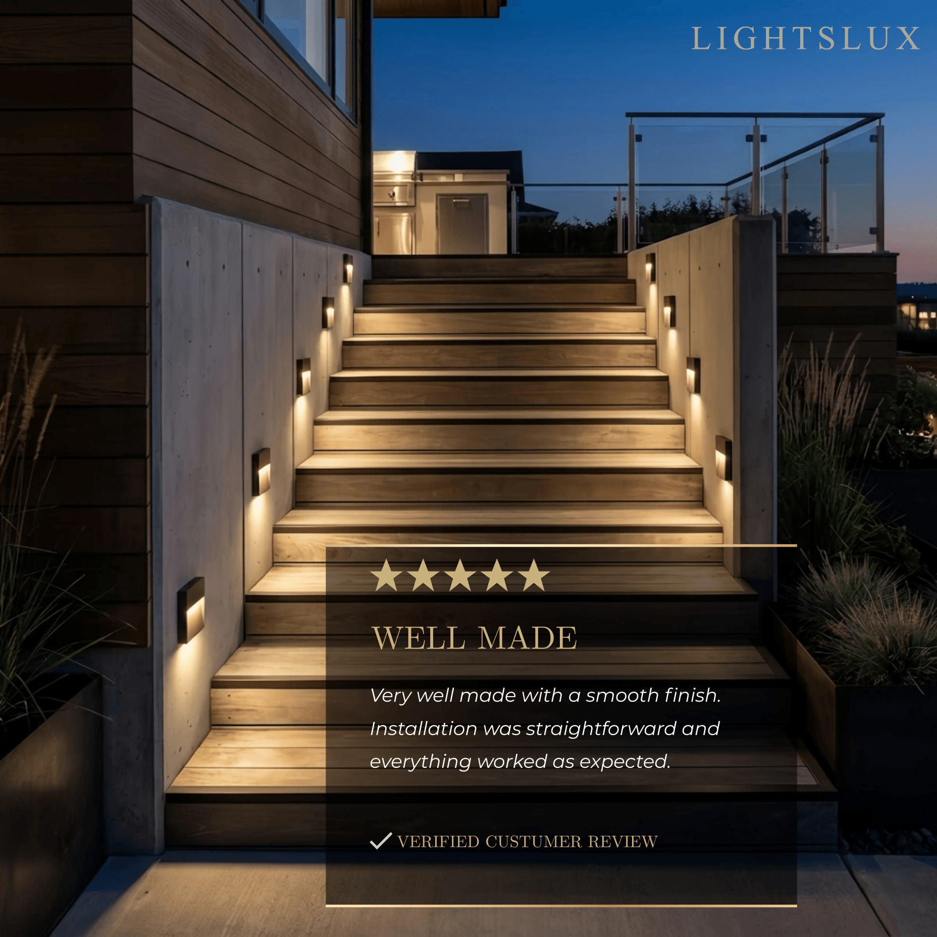Luz de escalón rectangular industrial para cubierta exterior - Metal negro para escaleras - Flindria