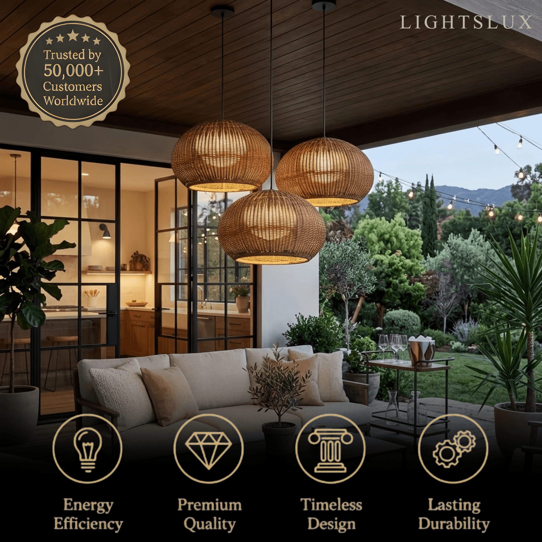 Farmhouse Coffee/Beige Outdoor Pendant Light Rattan Lantern Garden - Flindria