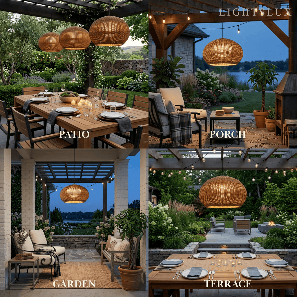 Farmhouse Coffee/Beige Outdoor Pendant Light Rattan Lantern Garden - Flindria