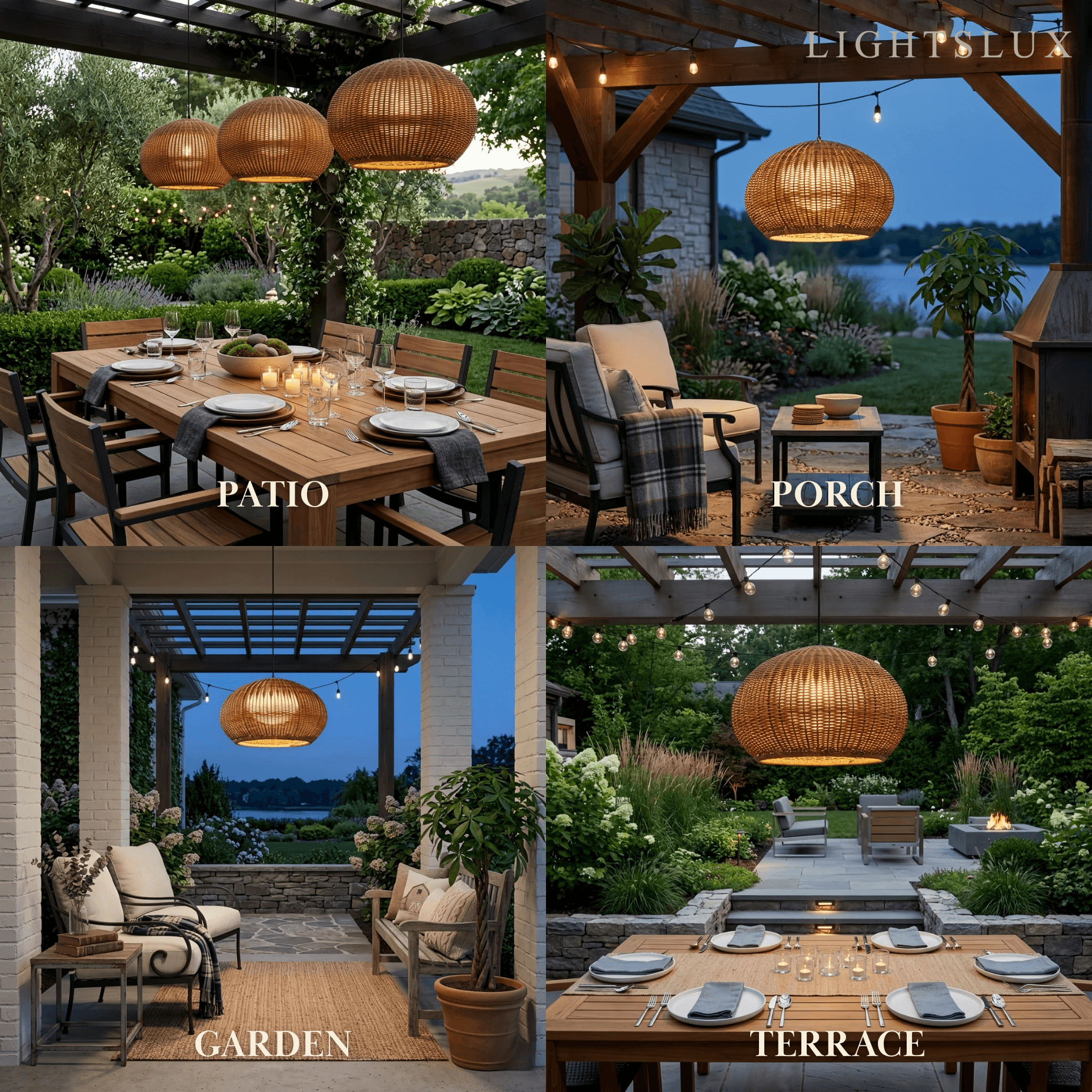 Farmhouse Coffee/Beige Outdoor Pendant Light Rattan Lantern Garden - Flindria