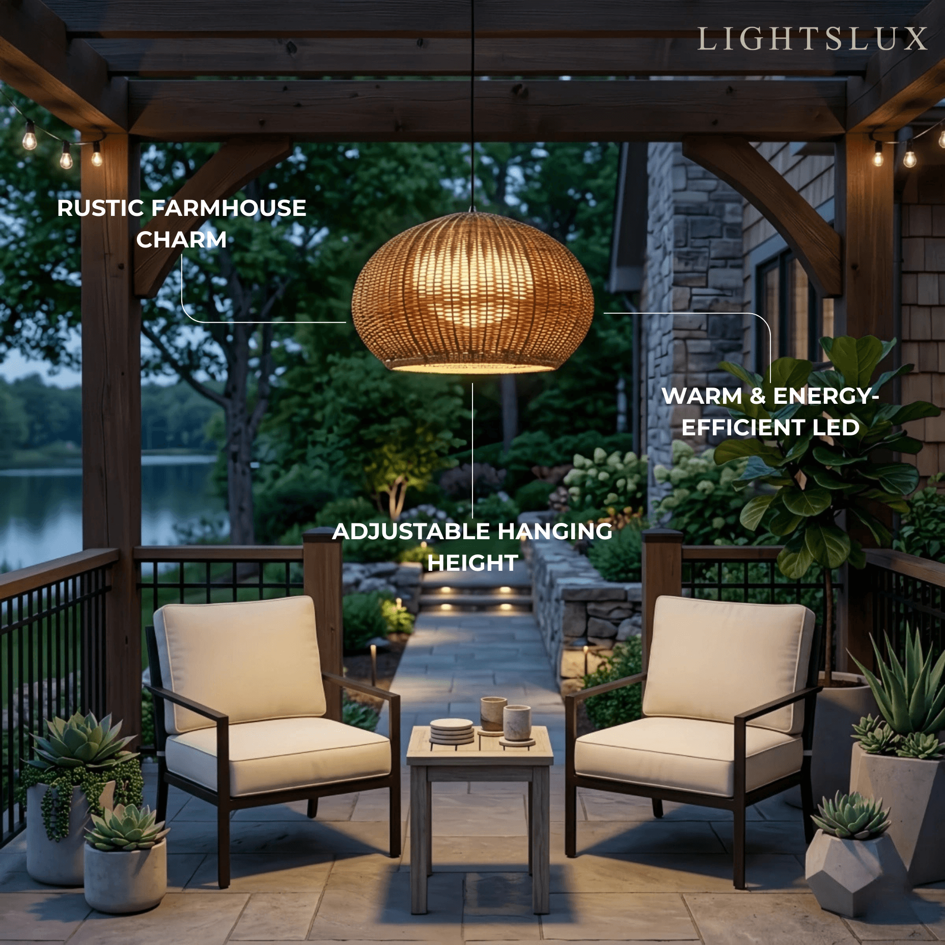 Farmhouse Coffee/Beige Outdoor Pendant Light Rattan Lantern Garden - Flindria