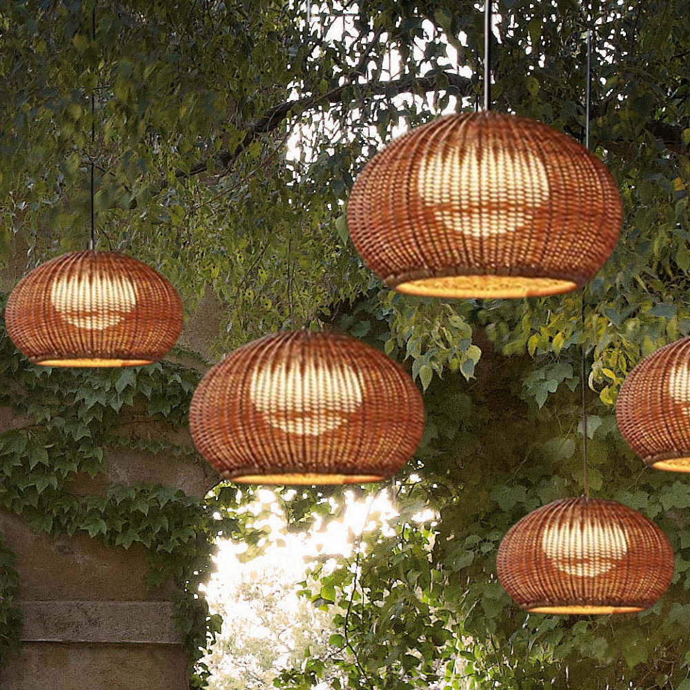 Farmhouse Coffee/Beige Outdoor Pendant Light Rattan Lantern Garden - Flindria