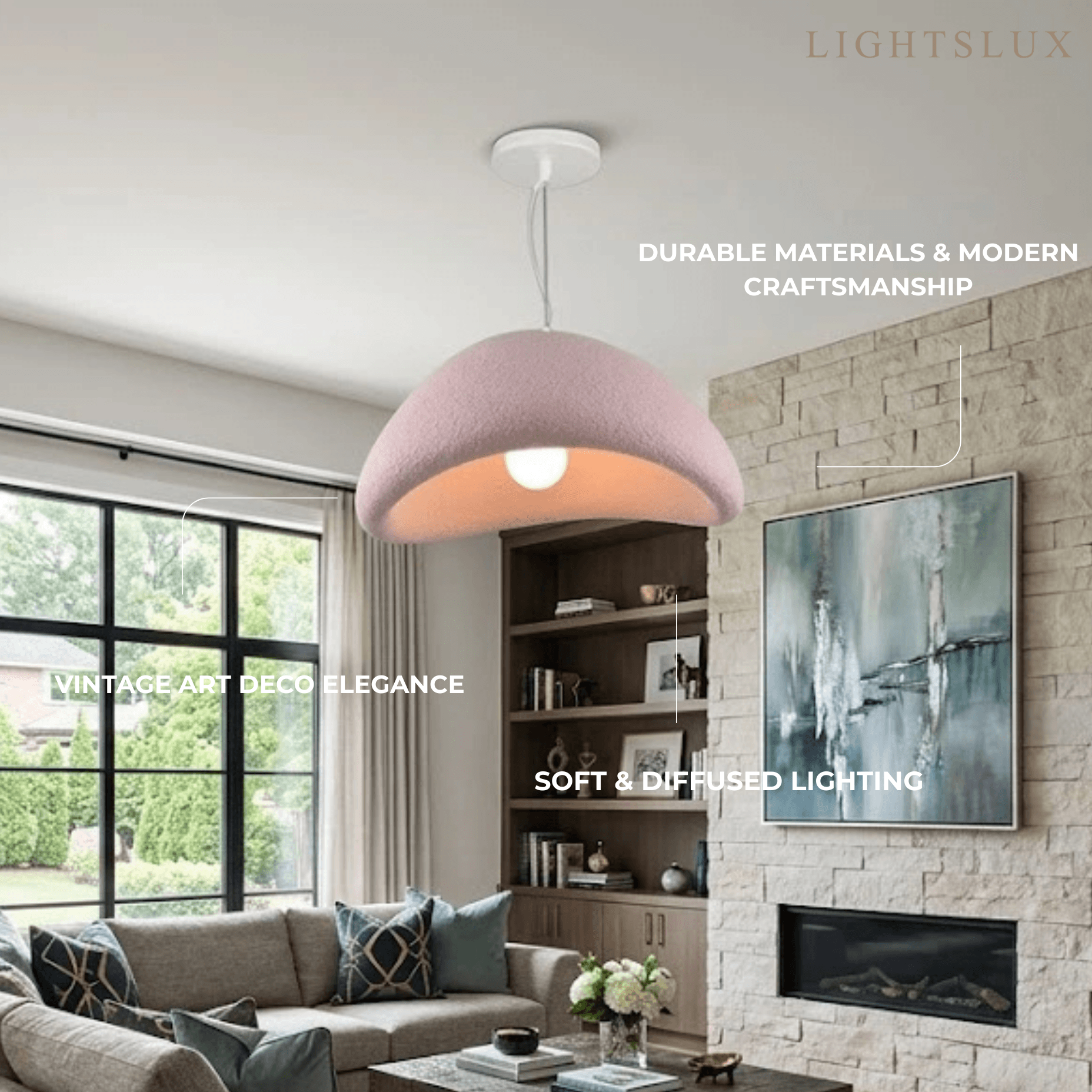 Art Deco Pink Pendant Light - Bread Shape Polystyrene & Metal for Dining Room - Flindria