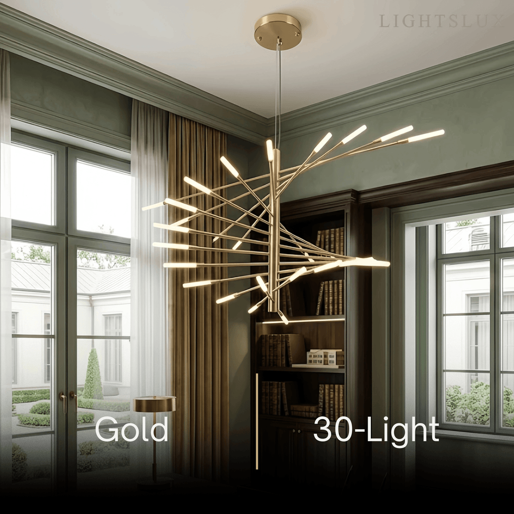 Lámpara de araña moderna de metal/acrílico - Diseño en espiral negro/dorado para comedor/sala de estar - Flindria