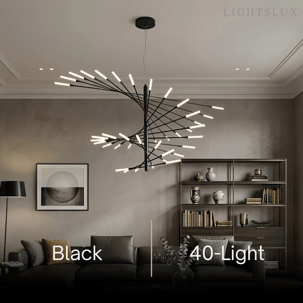 Lámpara de araña moderna de metal/acrílico - Diseño en espiral negro/dorado para comedor/sala de estar - Flindria
