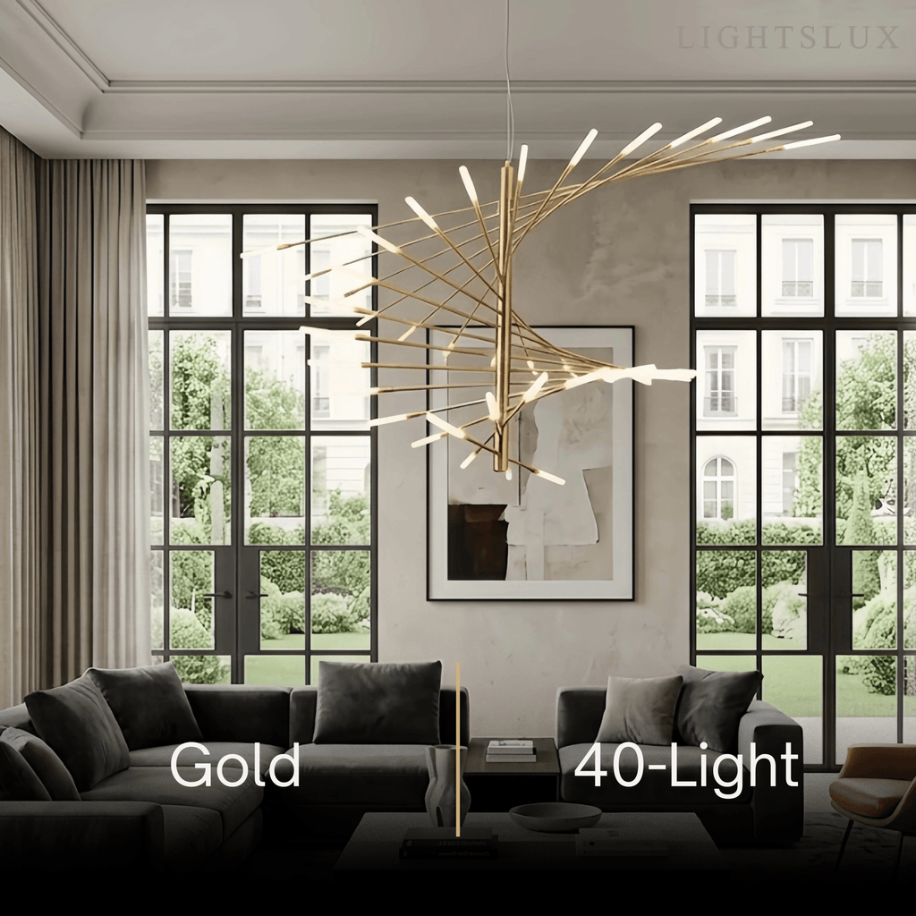 Lámpara de araña moderna de metal/acrílico - Diseño en espiral negro/dorado para comedor/sala de estar - Flindria