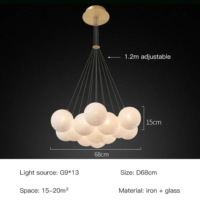 Celeste Orbs Kronleuchter mit Milch-Kugeln und goldenem Ringkabel