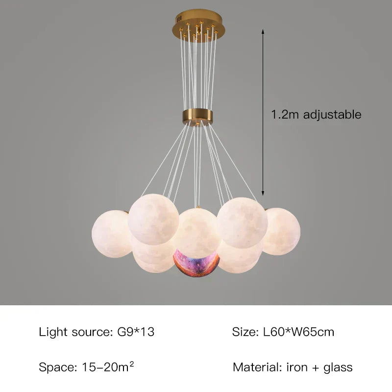 Celeste Orbs Kronleuchter mit Milch-Kugeln und goldenem Ringkabel