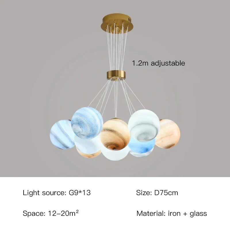 Celeste Orbs Kronleuchter mit Milch-Kugeln und goldenem Ringkabel