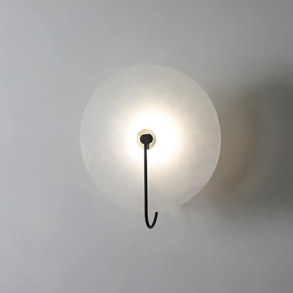 Alabaster LED Disc Wall Sconce — Warm Light, Black Arm