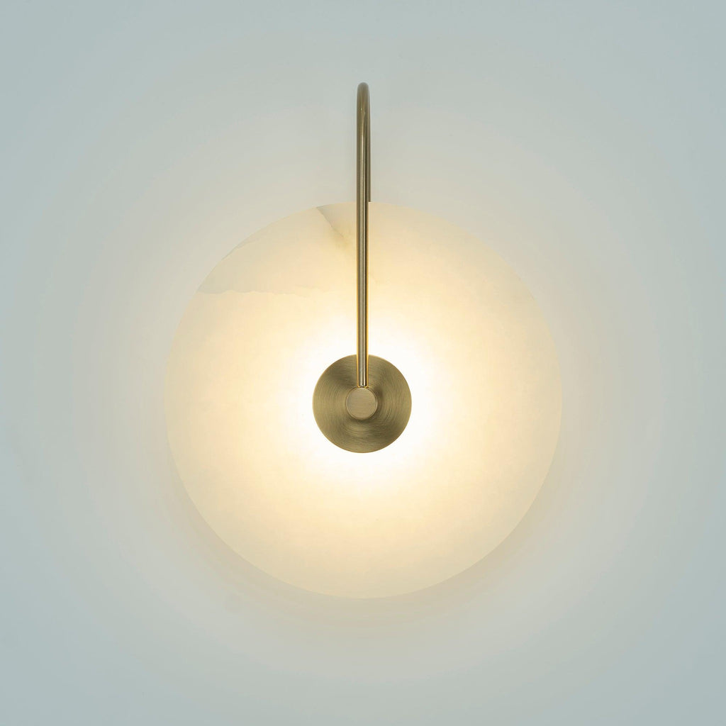 Alabaster LED Disc Wall Sconce — Warm Light, Black Arm