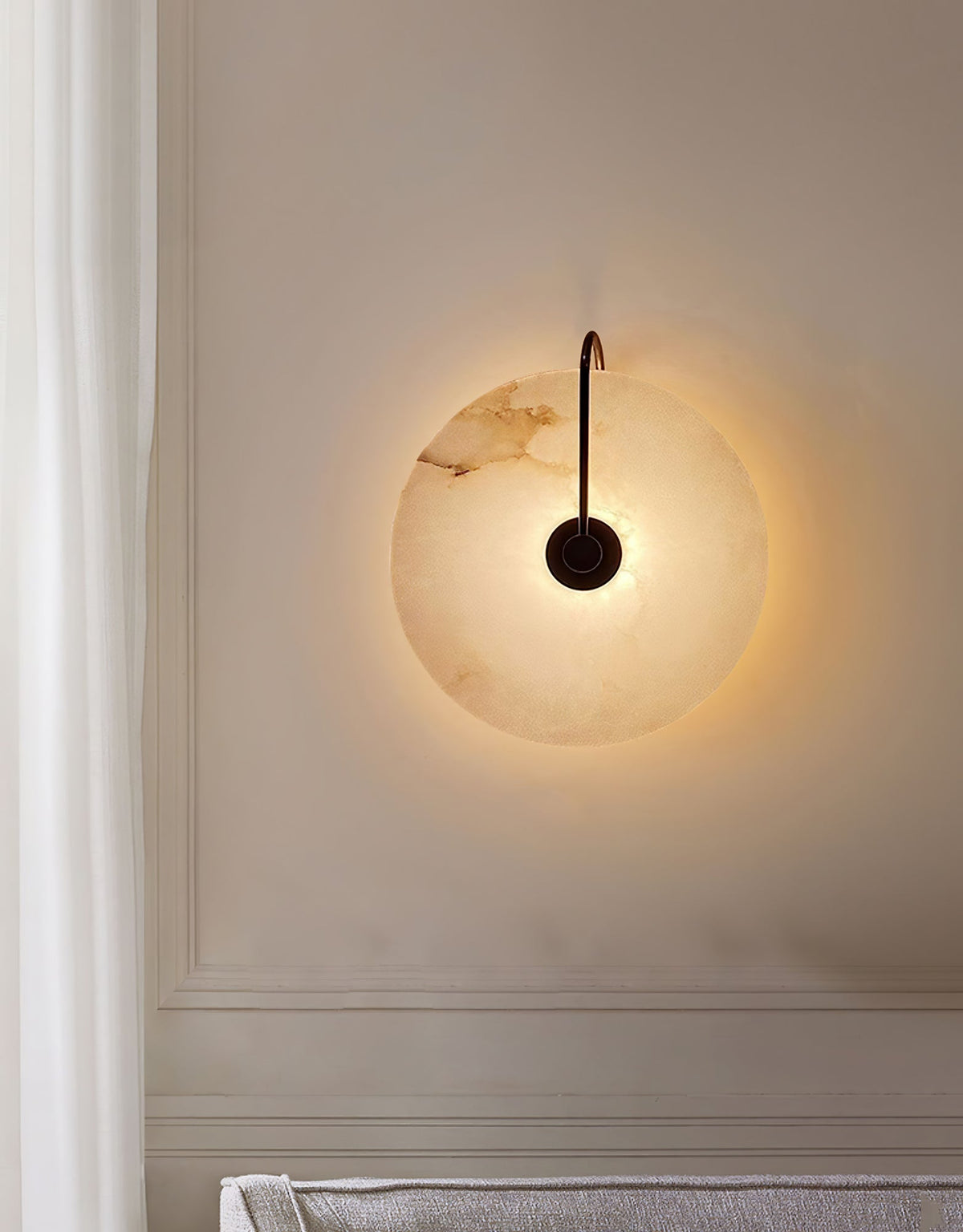 Alabaster LED Disc Wall Sconce — Warm Light, Black Arm