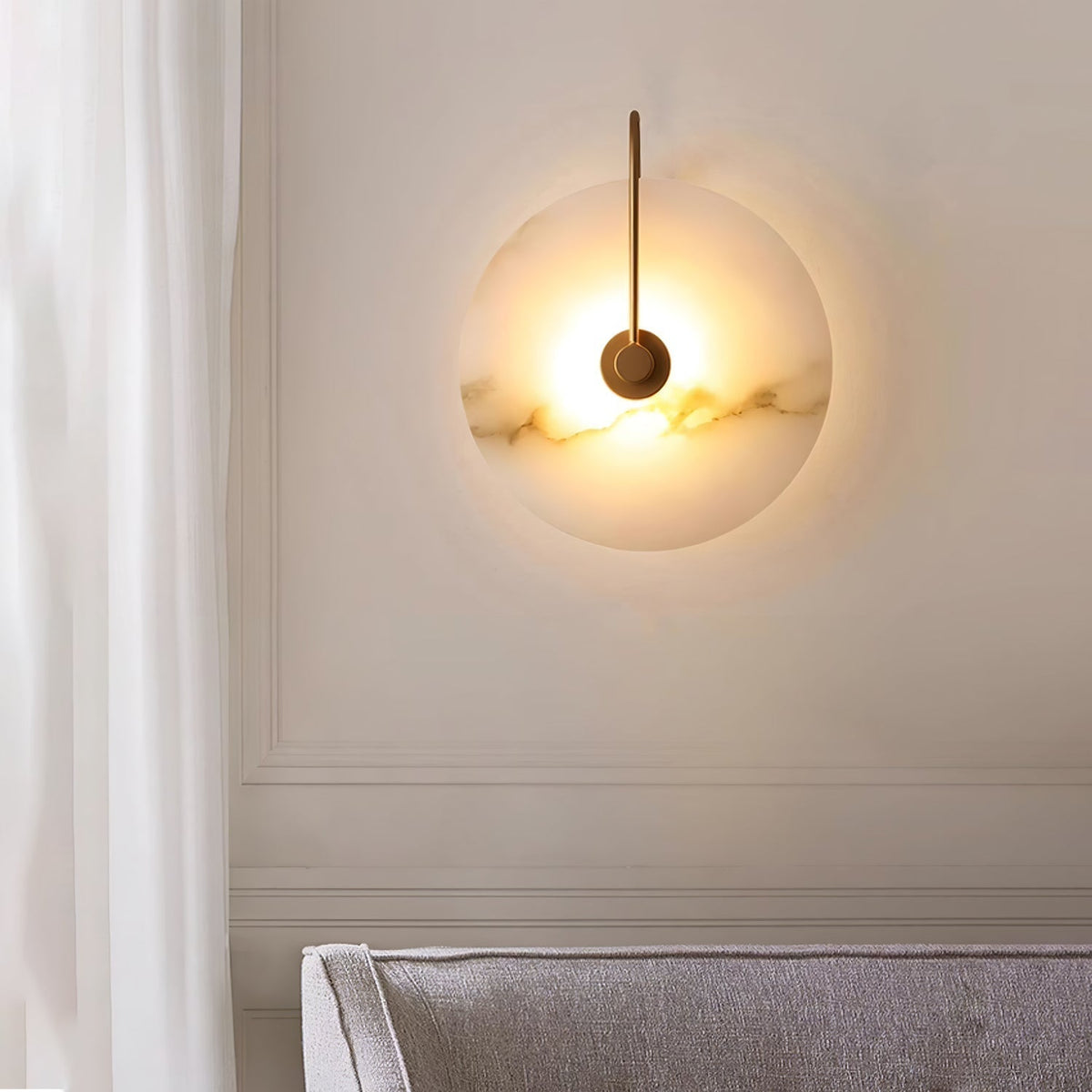 Alabaster LED Disc Wall Sconce — Warm Light, Black Arm