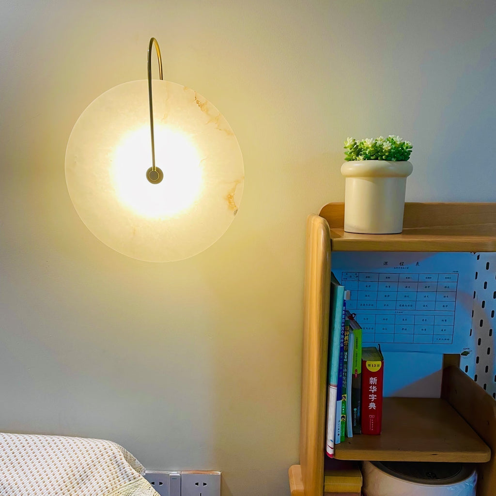 Alabaster LED Disc Wall Sconce — Warm Light, Black Arm