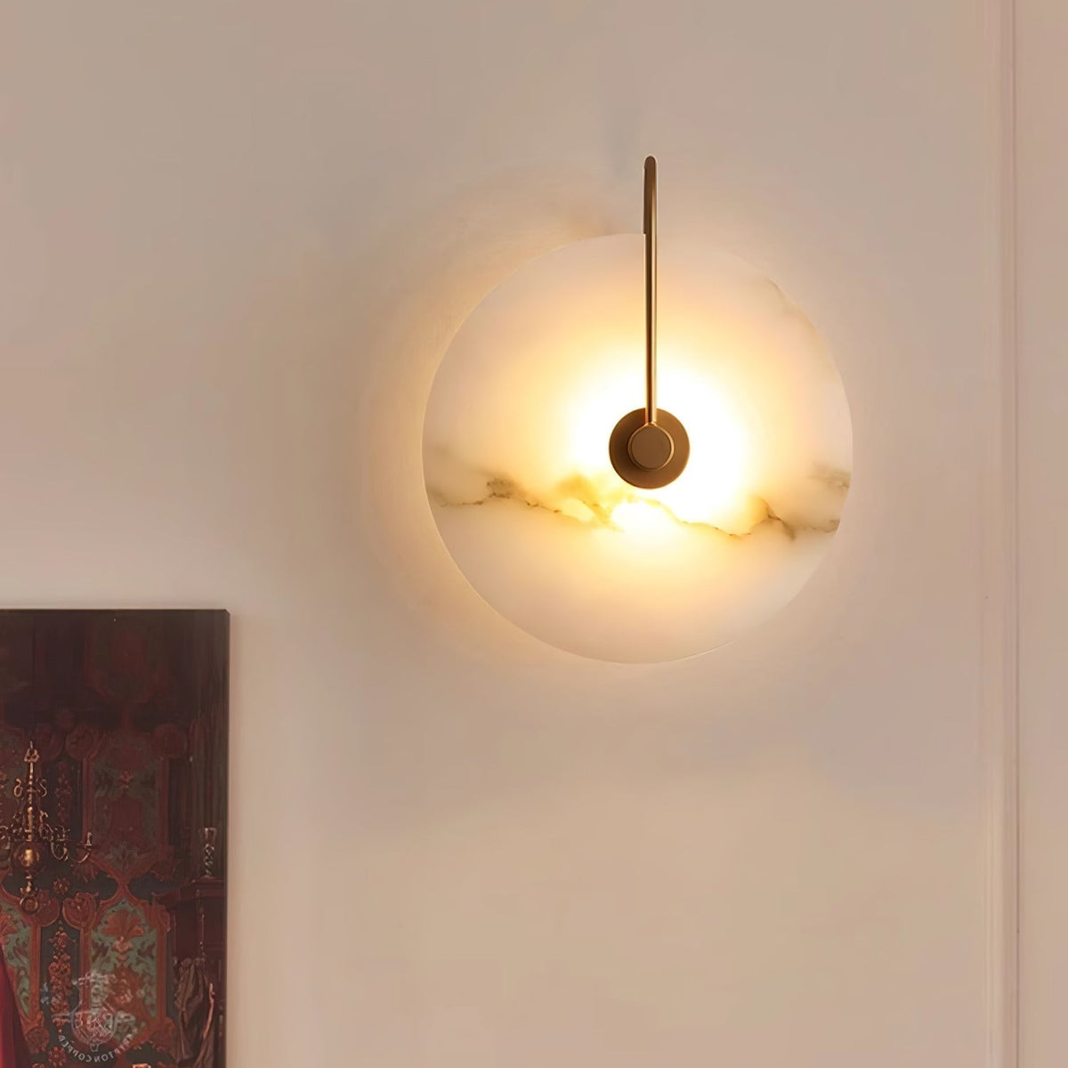Alabaster LED Disc Wall Sconce — Warm Light, Black Arm