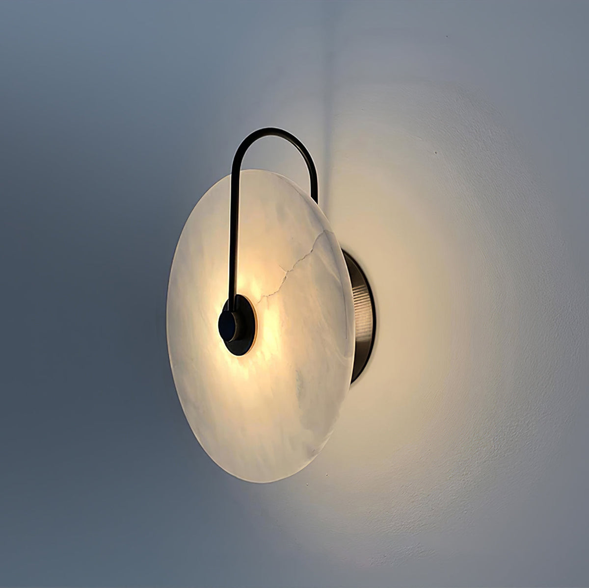 Alabaster LED Disc Wall Sconce — Warm Light, Black Arm