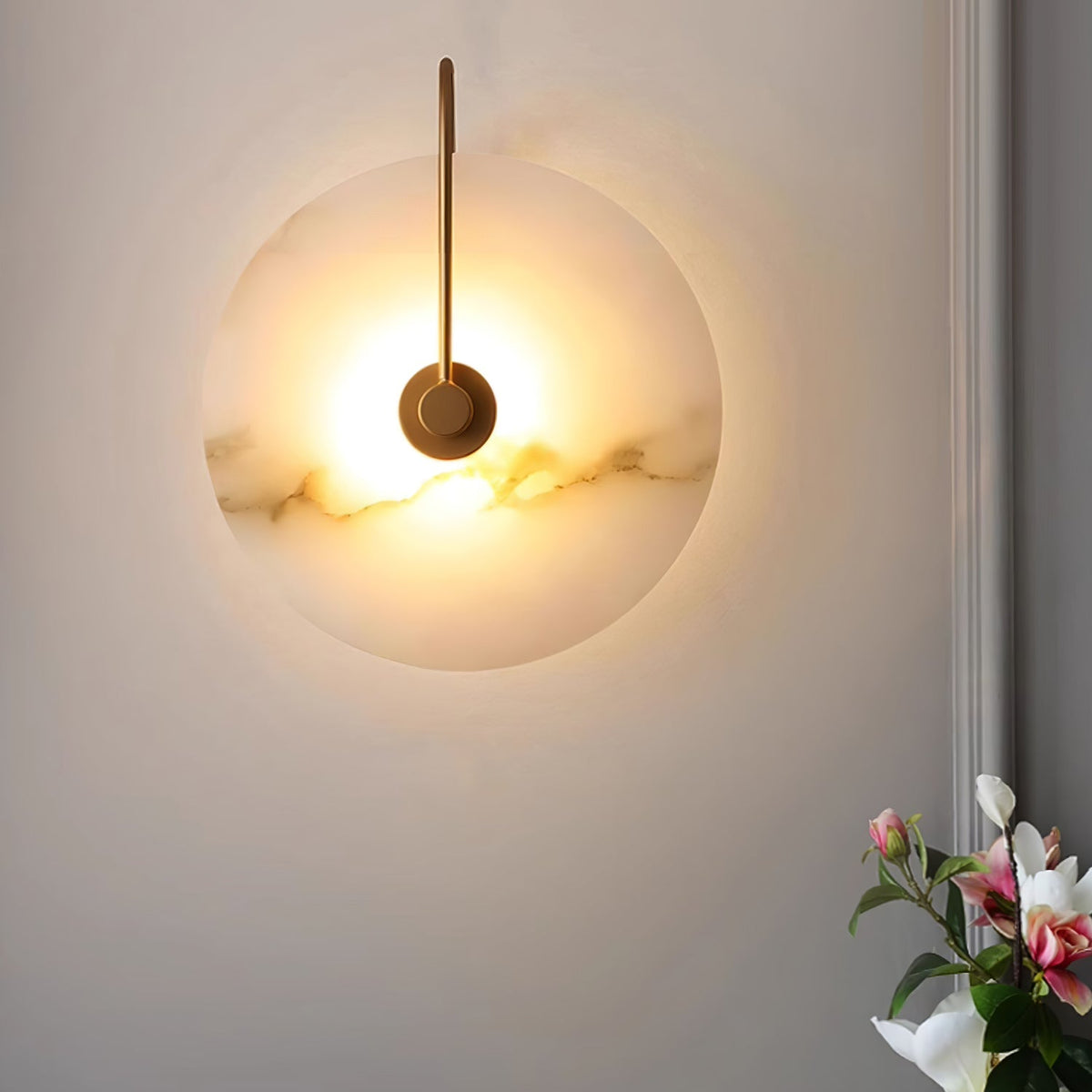 Alabaster LED Disc Wall Sconce — Warm Light, Black Arm