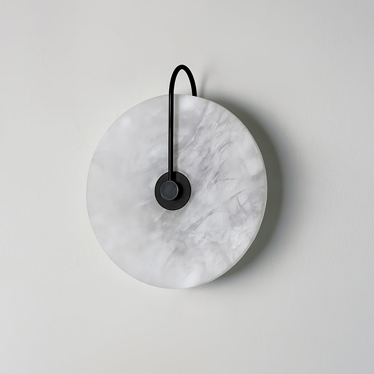 Alabaster LED Disc Wall Sconce — Warm Light, Black Arm