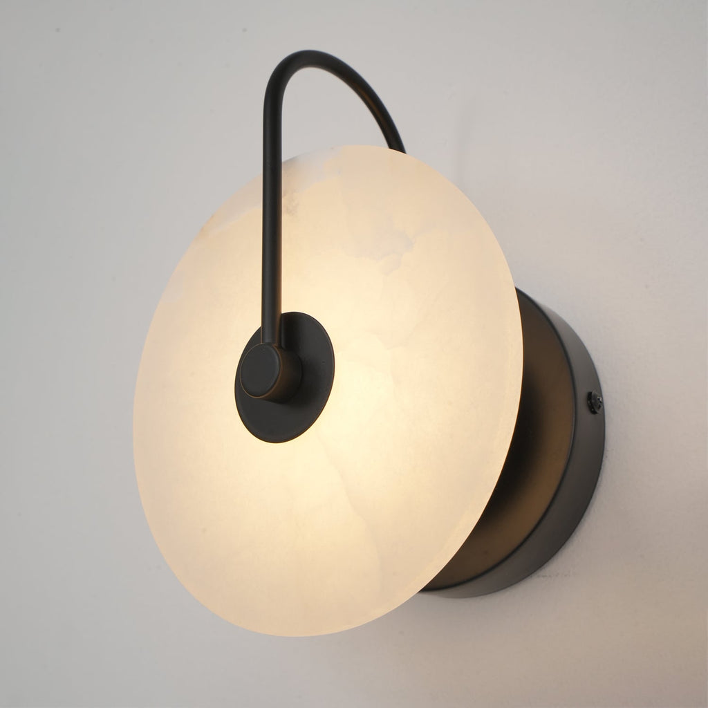 Alabaster LED Disc Wall Sconce — Warm Light, Black Arm