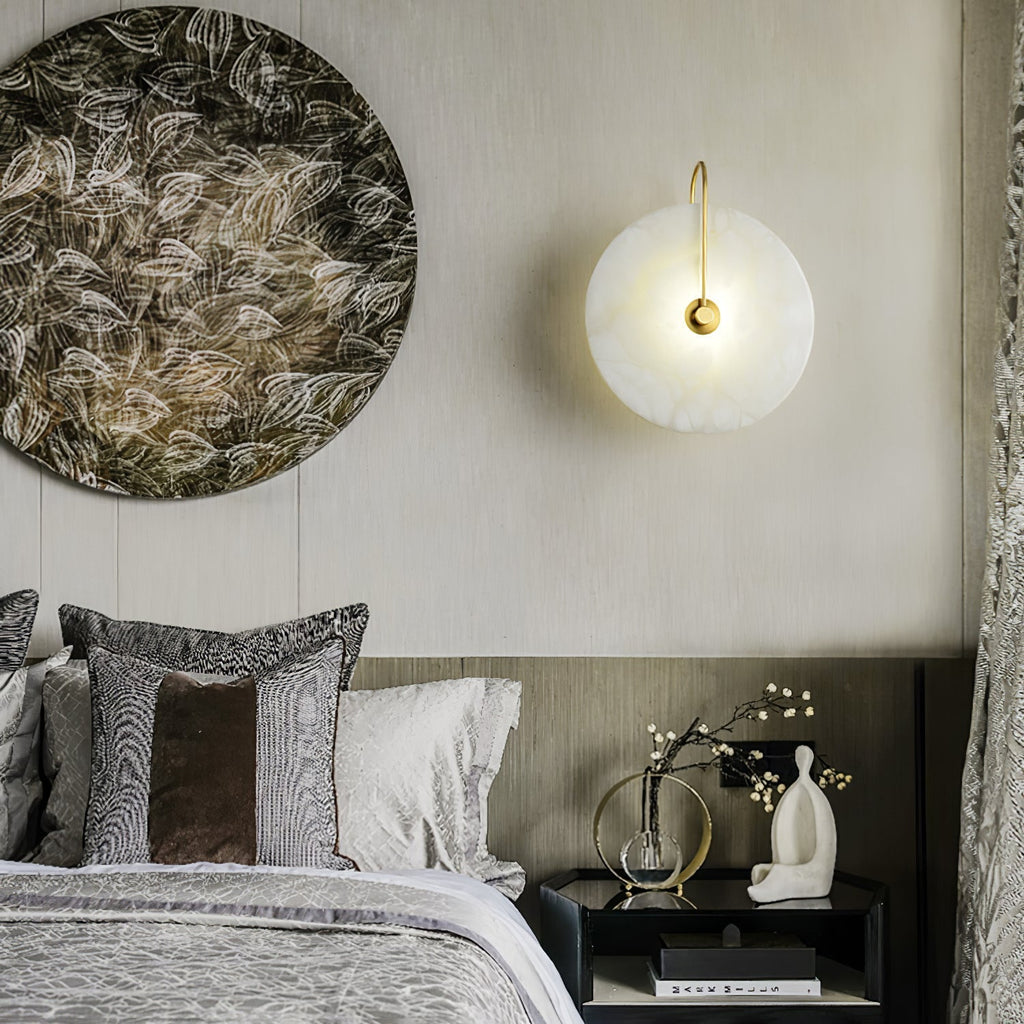 Alabaster LED Disc Wall Sconce — Warm Light, Black Arm
