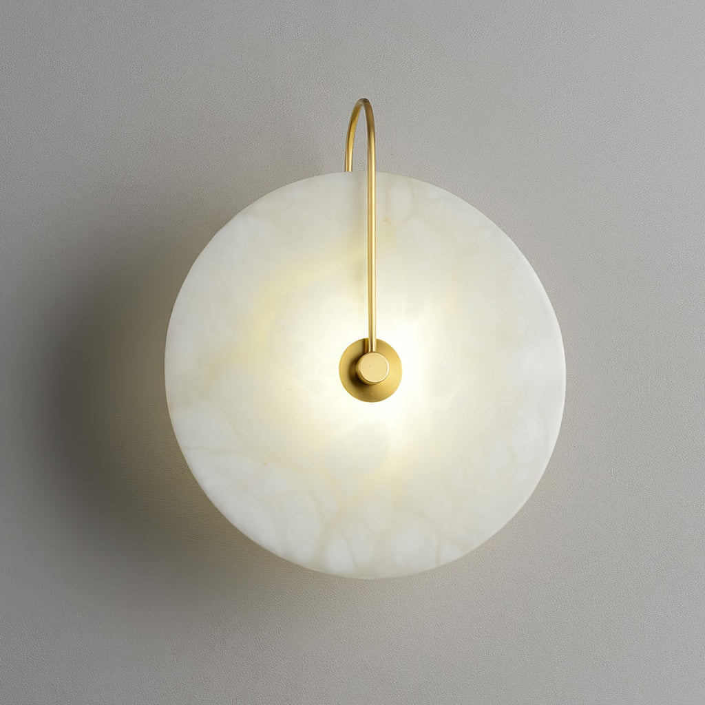 Alabaster LED Disc Wall Sconce — Warm Light, Black Arm