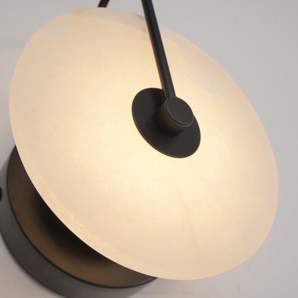 Alabaster LED Disc Wall Sconce — Warm Light, Black Arm