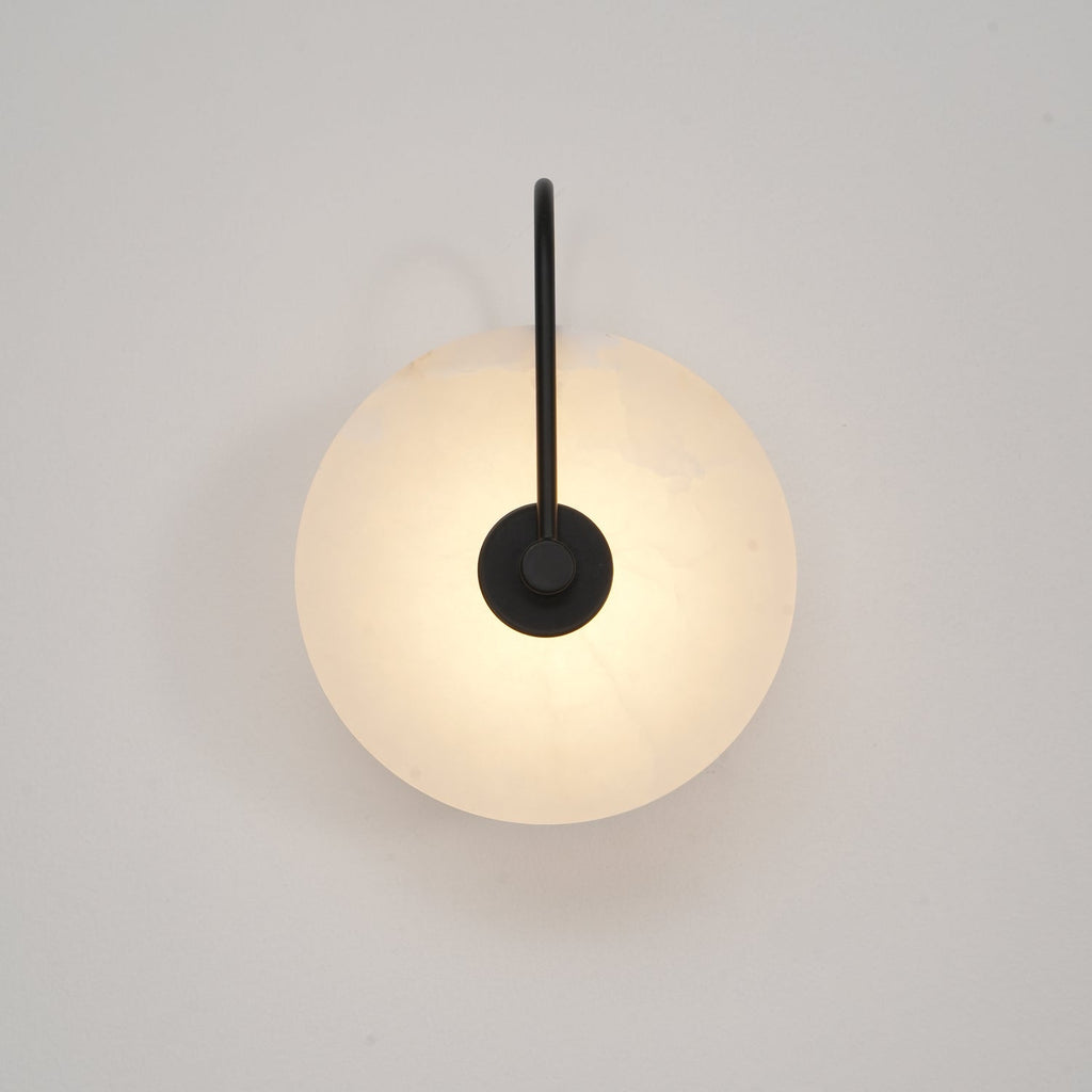 Alabaster LED Disc Wall Sconce — Warm Light, Black Arm