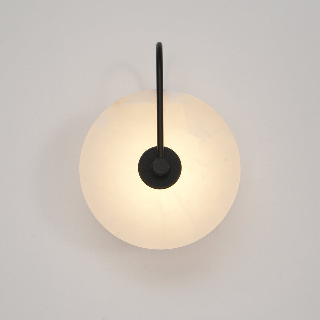 Alabaster LED Disc Wall Sconce — Warm Light, Black Arm