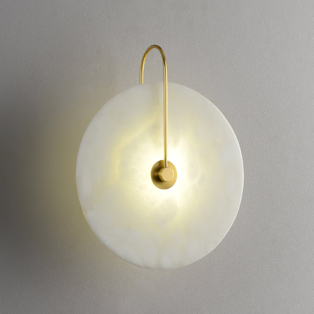 Alabaster LED Disc Wall Sconce — Warm Light, Black Arm