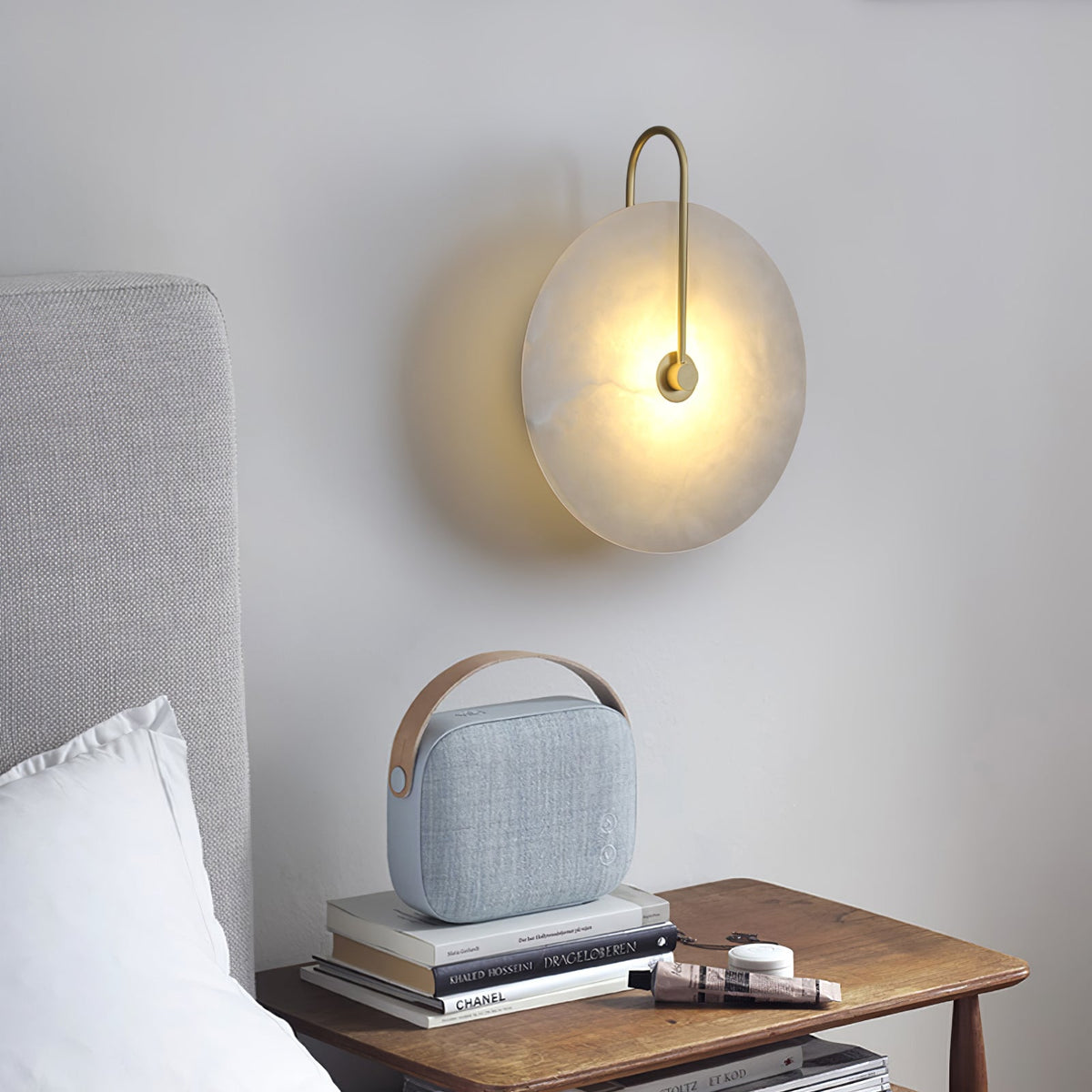 Alabaster LED Disc Wall Sconce — Warm Light, Black Arm