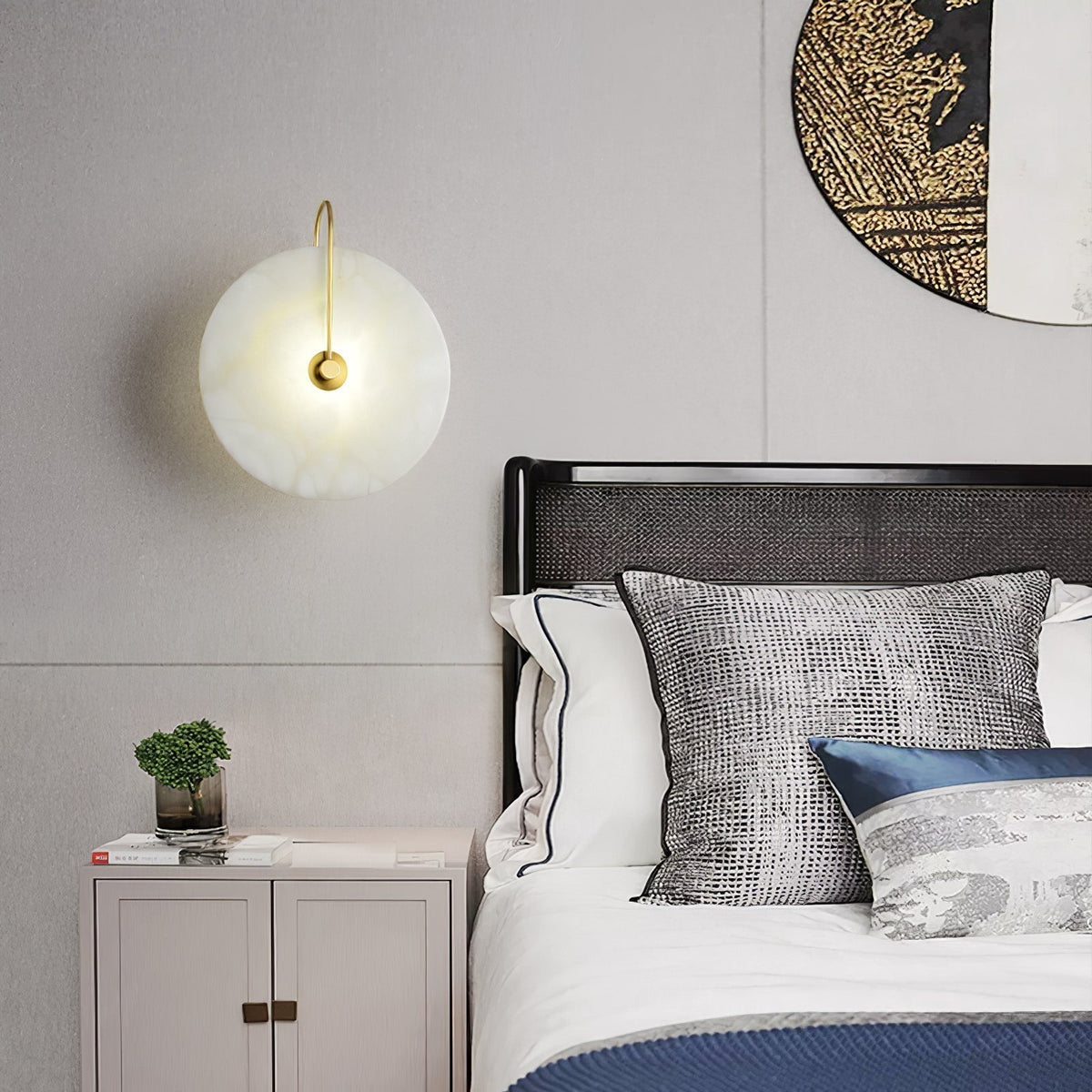Alabaster LED Disc Wall Sconce — Warm Light, Black Arm
