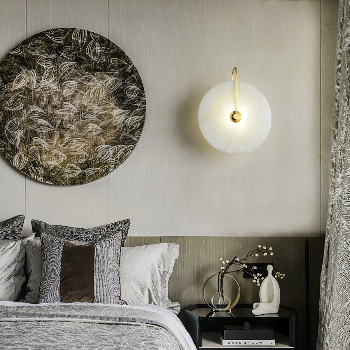 Alabaster LED Disc Wall Sconce — Warm Light, Black Arm